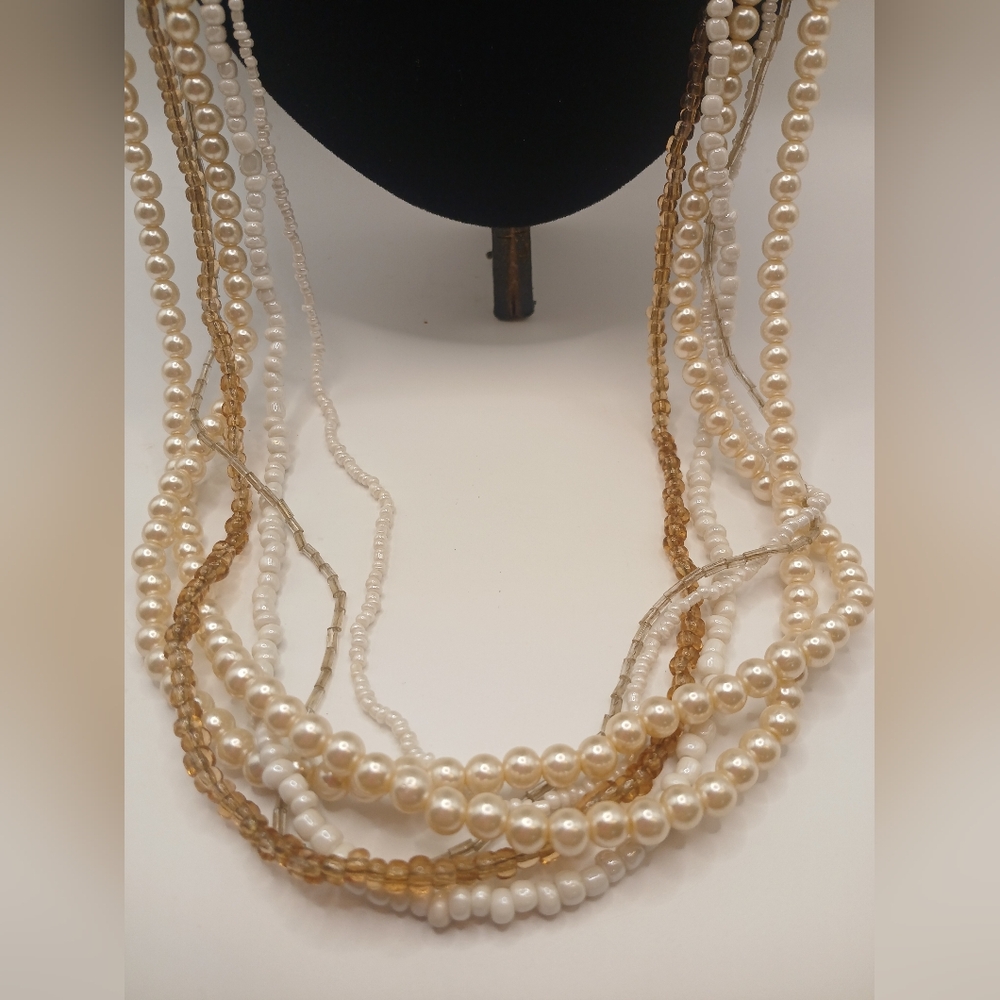Vintage multi-strand faux pearl & seed bead necklace with gold-tone accents 18" - Picture 2 of 3